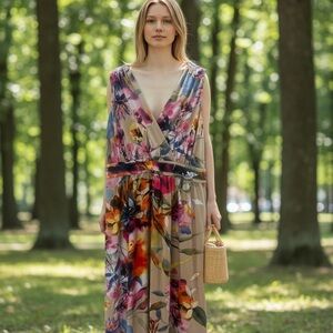 NorthStyle Floral Dress in Beige with Pink, Blue & Green Accents